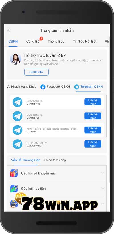 liên hệ 78win qua ứng dụng telegram